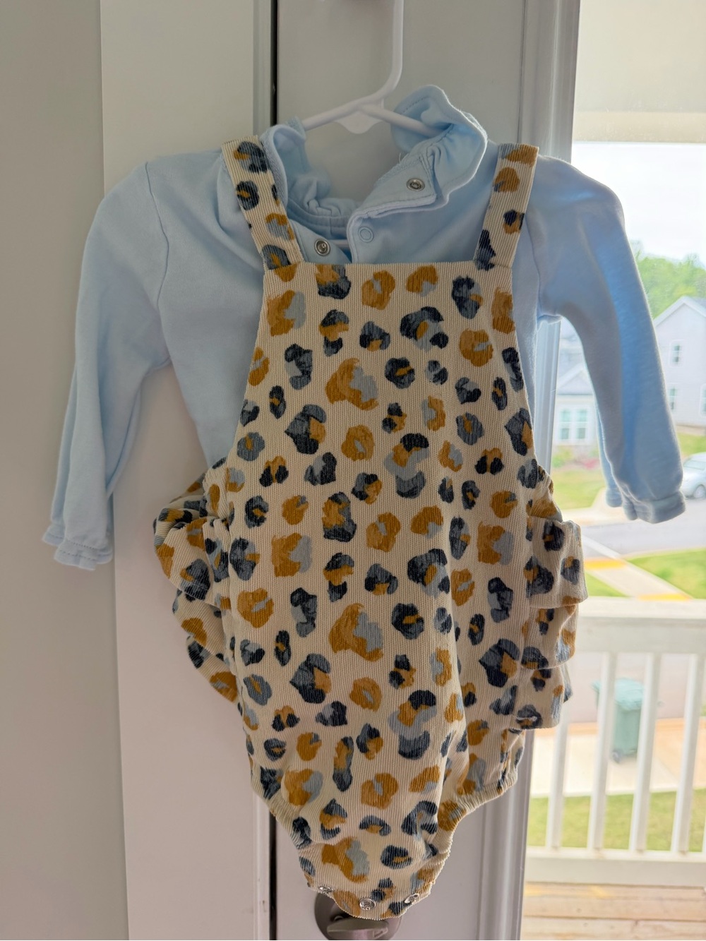 Mud Pie Light Blue Bodysuit with Cream & Mustard Leopard Romper